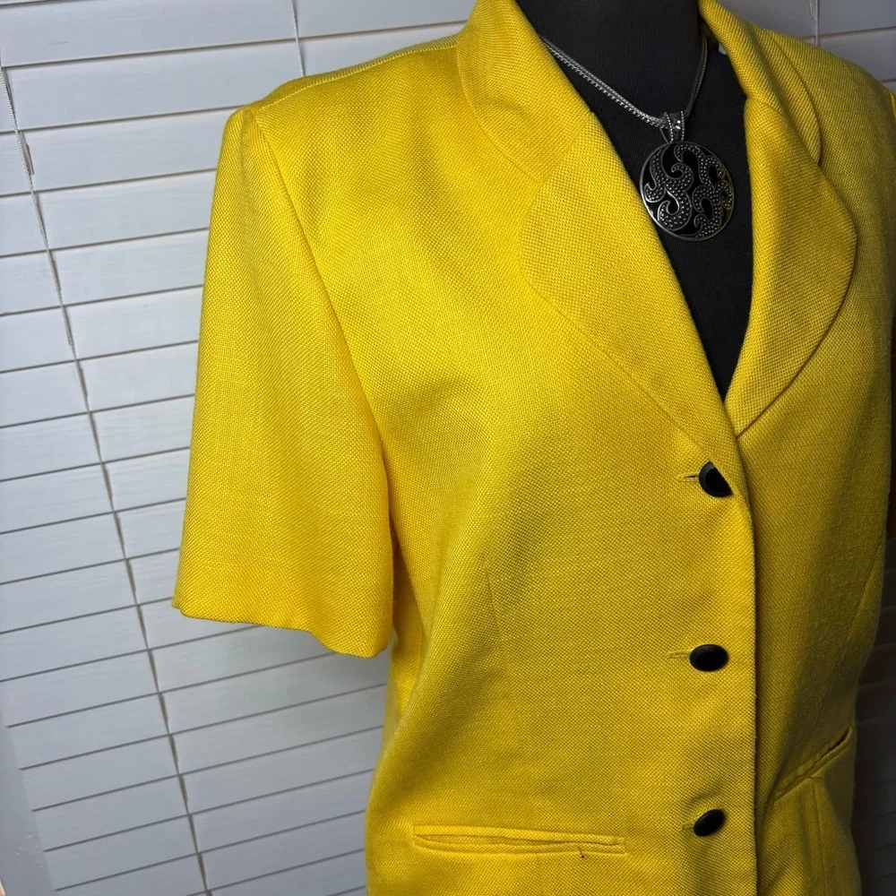 Vintage Blazer Womens Medium Katie Brooke Yellow Shoulder Pads Short Sleeve 90s - Picture 5 of 7